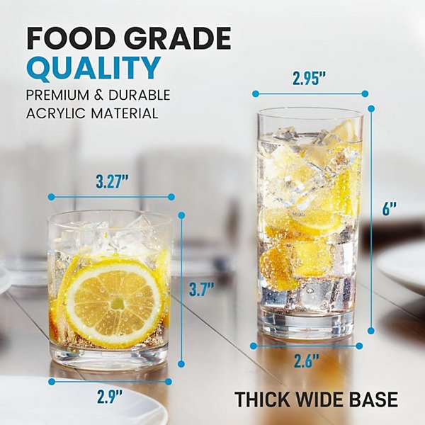 Acrylic Plastic Glasses Drinkware - 8 Piece Unbreakable Drinking Glasses - Stackable, Lead-Free & Dishwasher Safe - (12 & 16 oz)