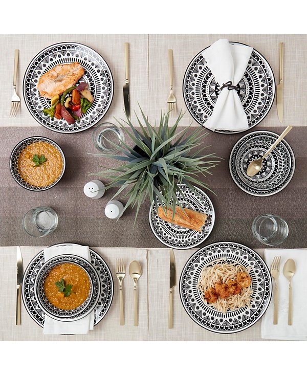 12 Pc. Black Pad Print Dinnerware Set, Service for 4