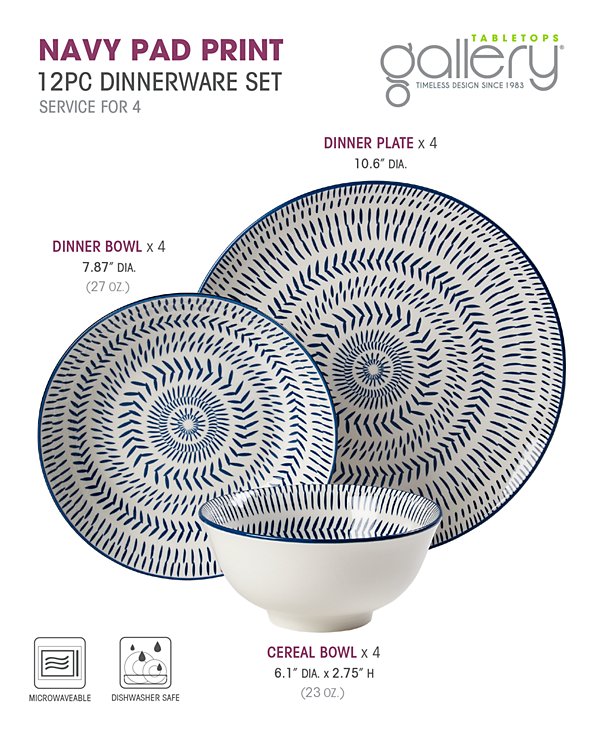 Navy Pad Print 12 Pc. Dinnerware Set, Service for 4