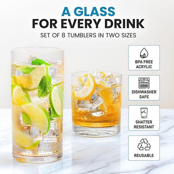 Acrylic Plastic Glasses Drinkware - 8 Piece Unbreakable Drinking Glasses - Stackable, Lead-Free & Dishwasher Safe - (12 & 16 oz)