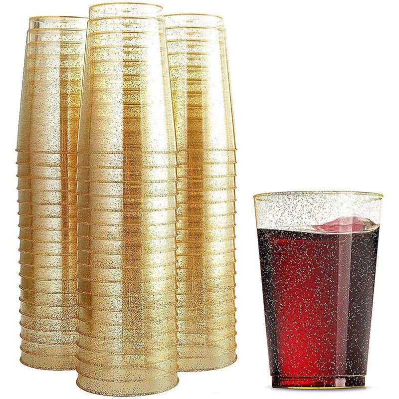 Gold Glitter Plastic Cups For 100 Guests 12 oz