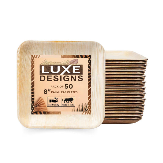LuxeDesigns Eco-Friendly Disposable Palm Leaf Plates - Heavy-Duty Biodegradable & Compostable Dinnerware Set - 50-Piece 8" Plates for Parties, Picnics, and Outdoor Gatherings - Microwave & Oven Safe, Rustic & Elegant Natural Plates (Set of 50)